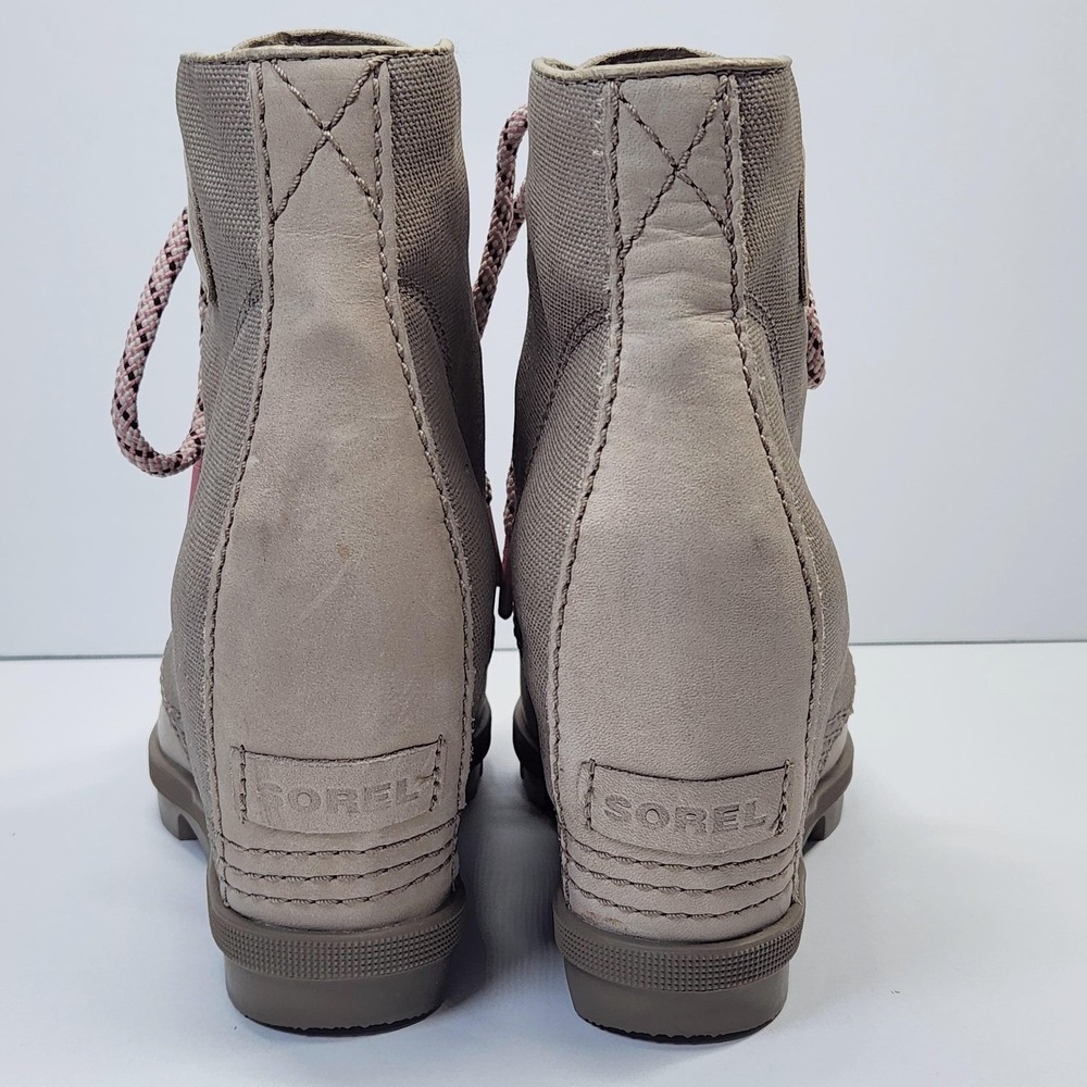 Sorel Boots Womens Size 8.5 Beige Canvas Leather Lace Up Wedge Ankle Booties - Picture 5 of 14